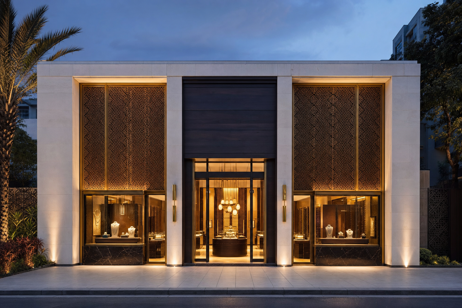 Vue extérieure de la boutique Néhémie Joaillerie au crépuscule