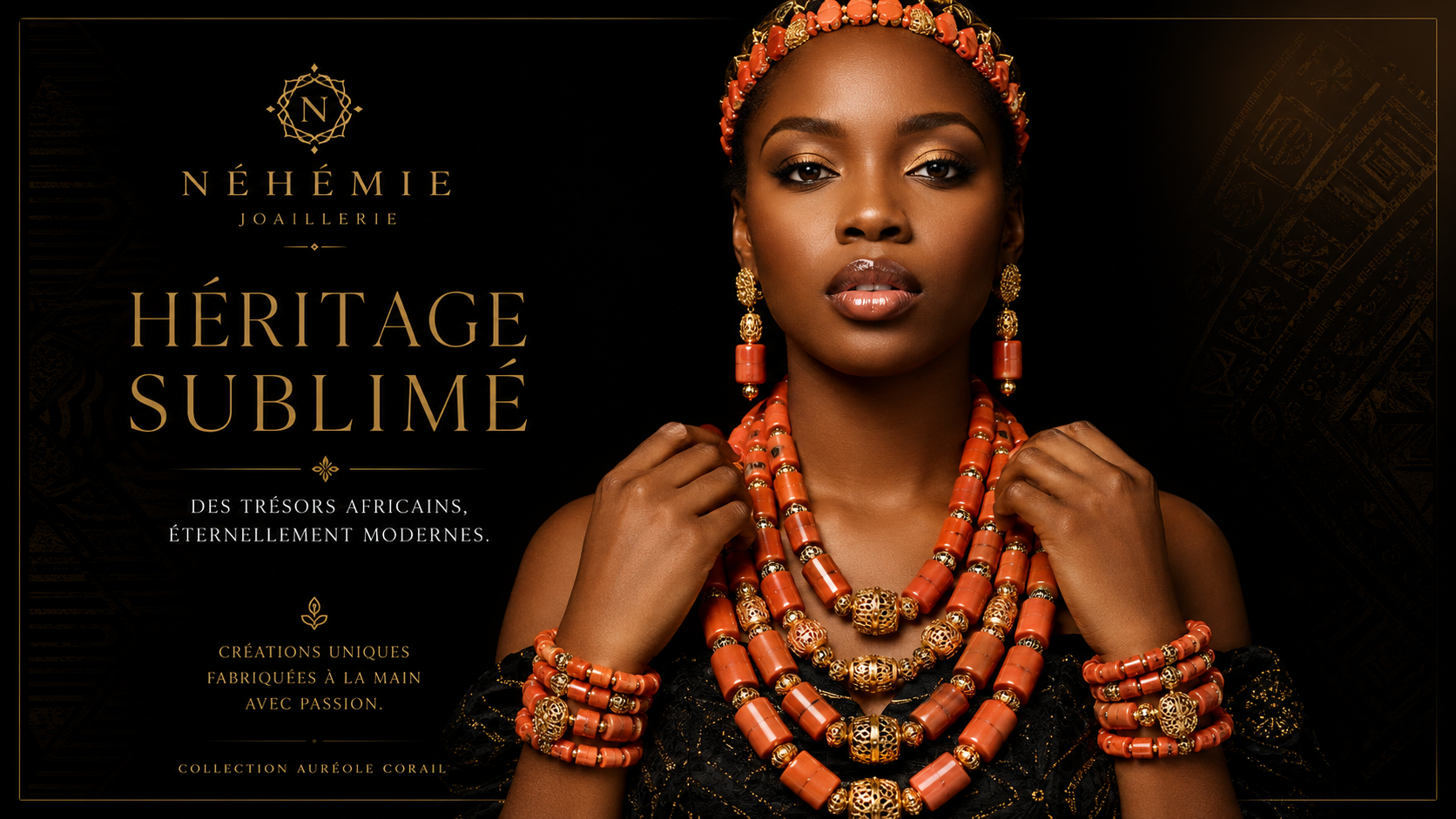 Femme africaine portant une parure de corail et d’or, collection Héritage Sublimé